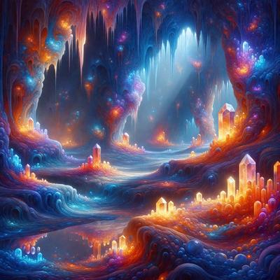 The primary subject of the image is a cave with a blue and purple color scheme. The setting is a cave with a blue and purple color scheme. The visual style is digital art, and the colors and mood are vibrant and lively.